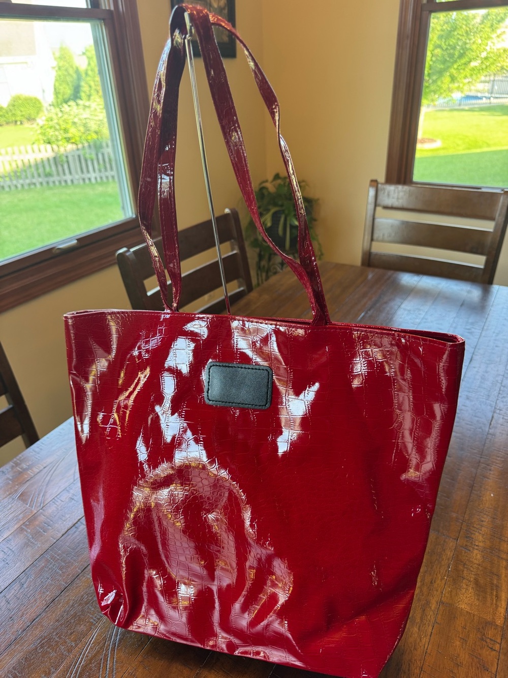 Red Patent Tote Bag with Shoulder Straps and Red Pouch